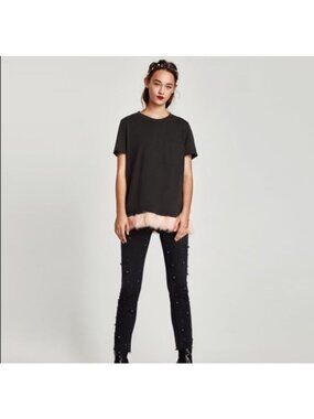 ZARA Faux Feather Trim T Shirt Sizs Small NEW with tags never worn